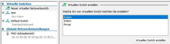 Hyper-V Manager neue virtuelle Switch Arten.